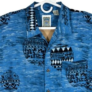 Vintage Ocean Current Mens Blue Tribal Geometric Rayon Button Down Shirt Large